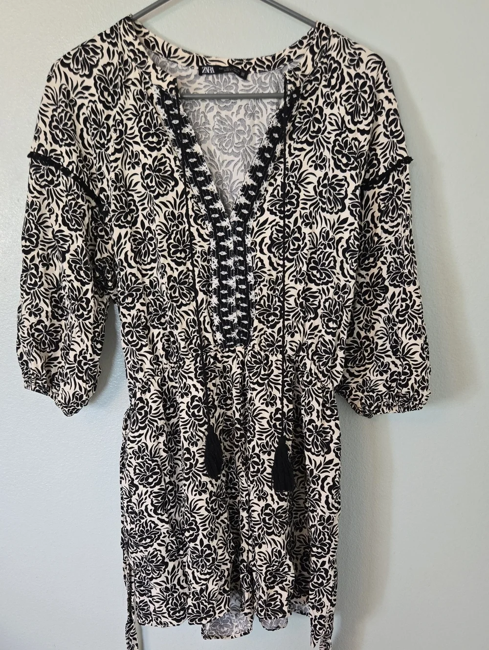 Zara | Black Printed Linen Balloon Sleeve Short Romper Size Large